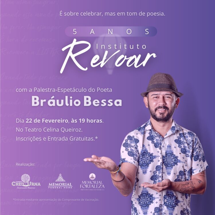Instituto Revoar celebra 5 anos com palestra de Bráulio Bessa aberta ao público