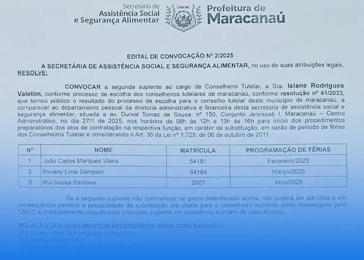 Sasc divulga Edital de Convocação para substituição de Conselheiro Tutelar em Maracanaú