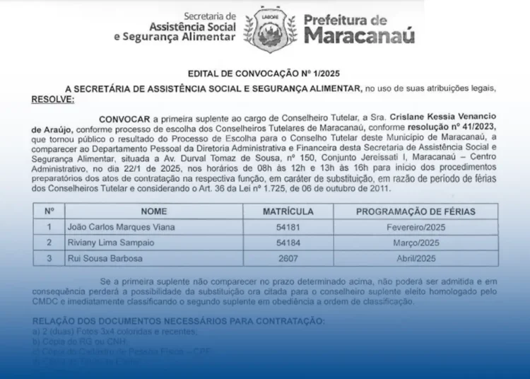 Edital de Convocação para substituição de Conselheiro Tutelar em Maracanaú