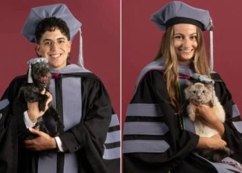 Estudantes fazem sessão de fotos de formatura ao lado dos pets