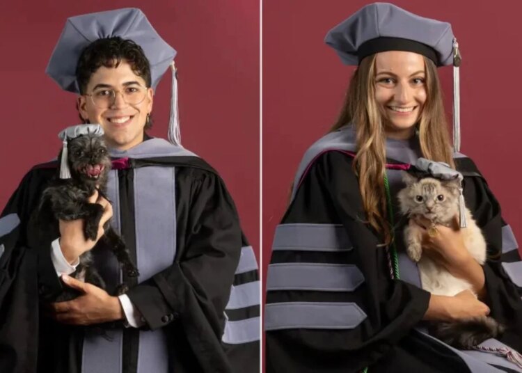 Estudantes fazem sessão de fotos de formatura ao lado dos pets